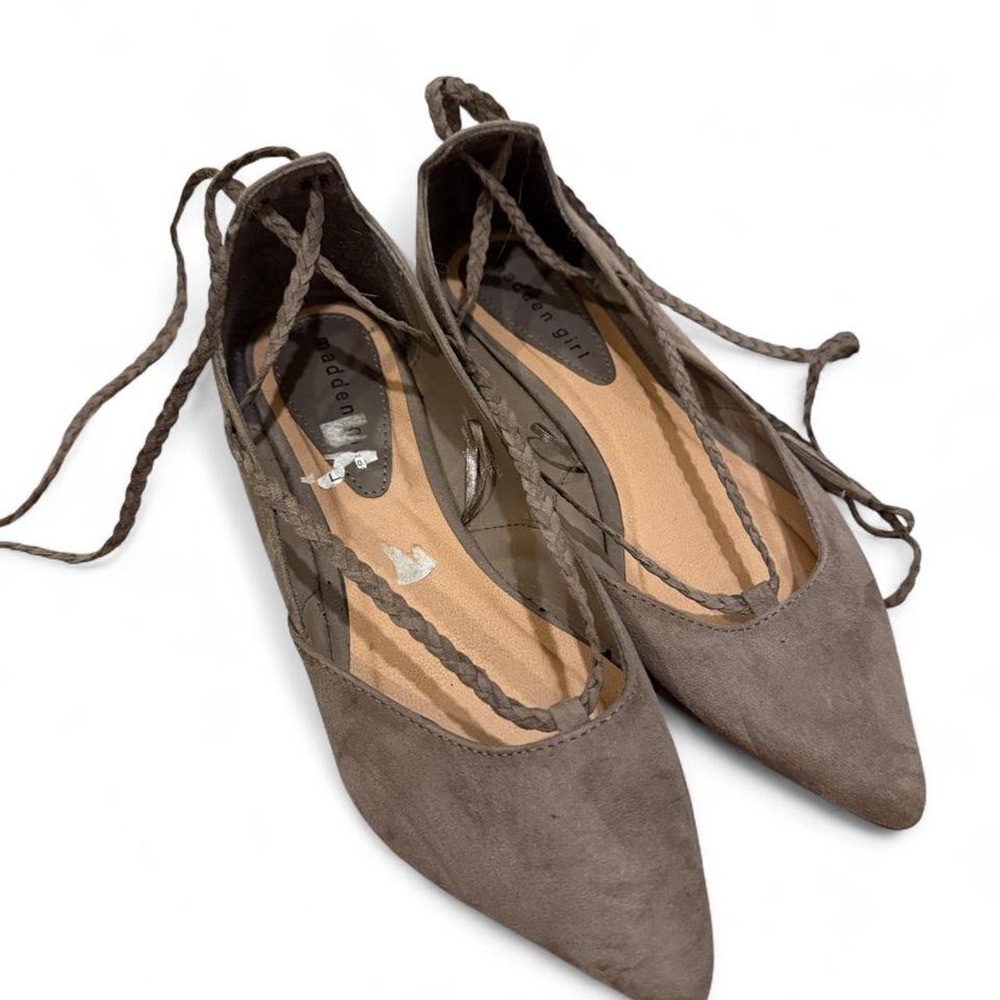 Madden Girl Taupe Faux Suede Pointed Toe Lace Up Tassel Flats Shoes Womens 7.5